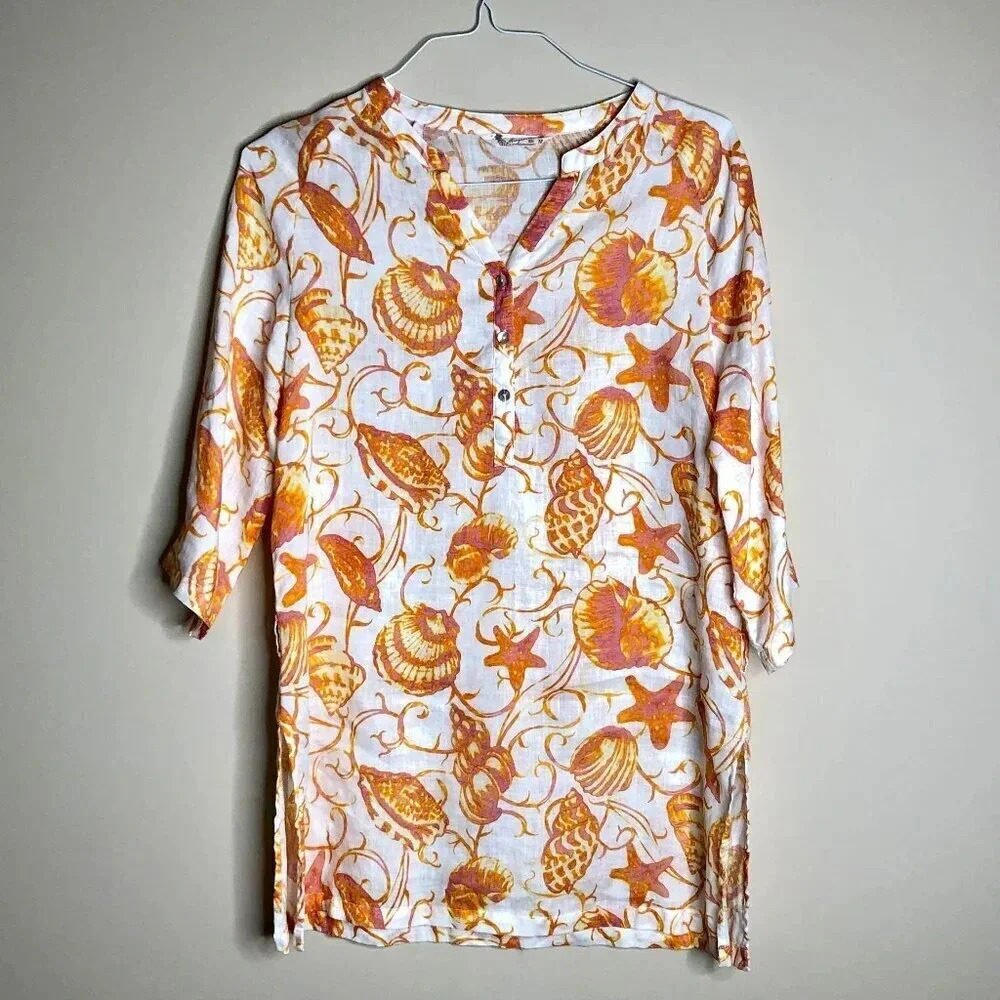 Margaritaville Summery Seashells Design Summery Linen Top, Size M